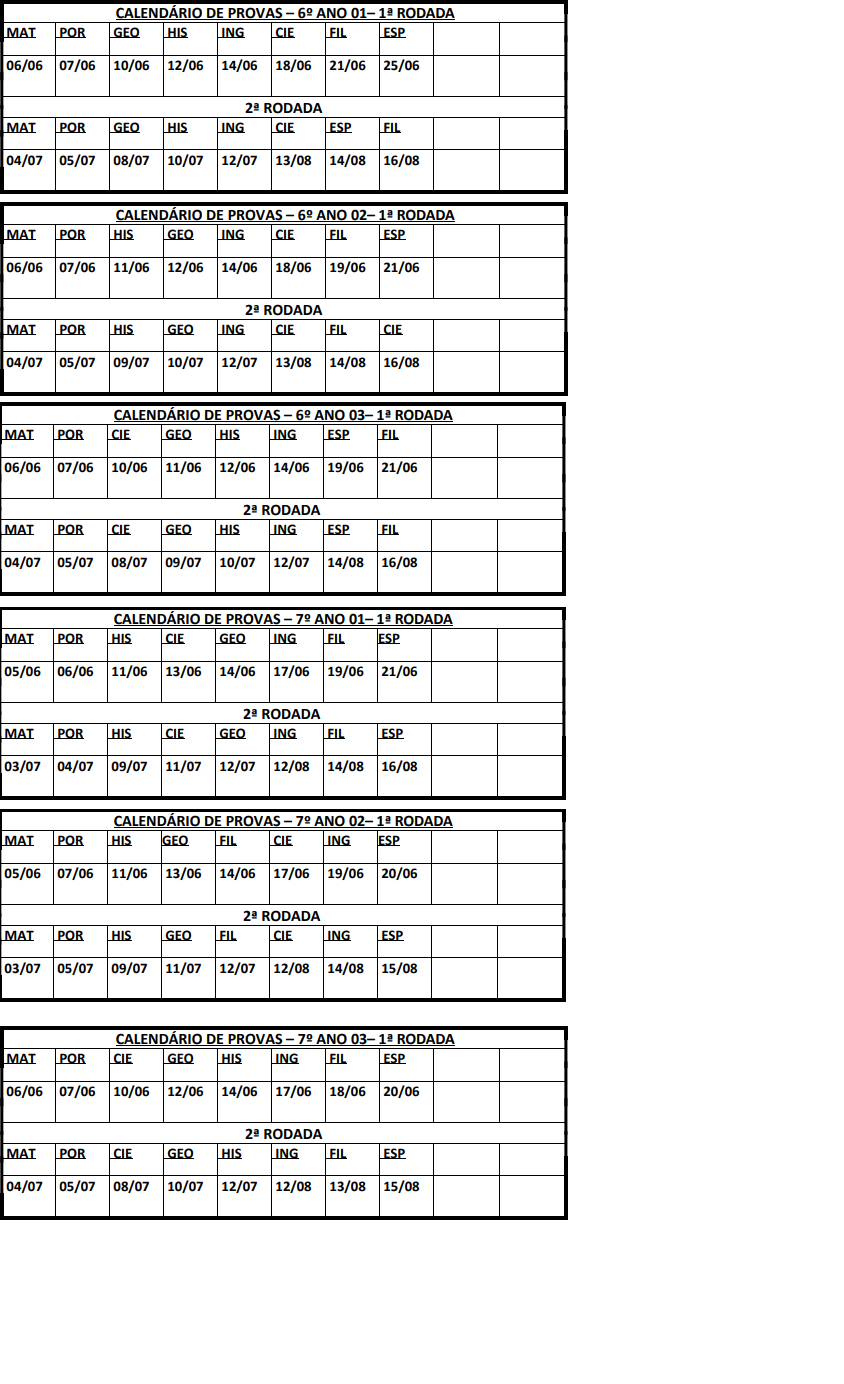 CALENDÁRIO DE PROVAS - 2°TRIMESTRE EVOLUÇÃO