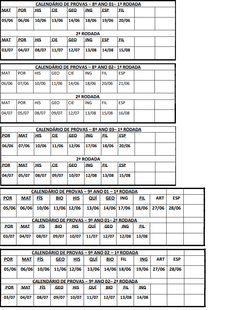 CALENDÁRIO DE PROVAS - 2°TRIMESTRE EVOLUÇÃO