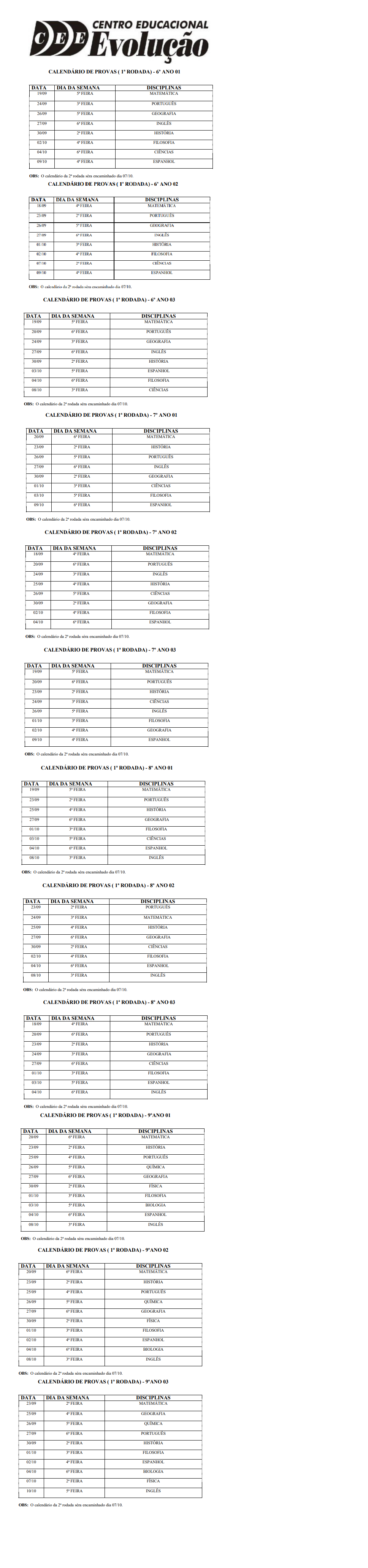 Calendário 3° Trimeste